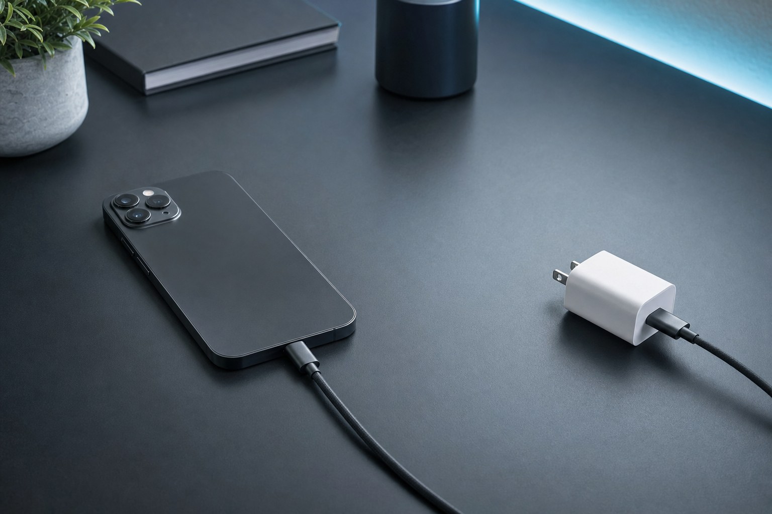 Phone charging with open space on a clear desk surface