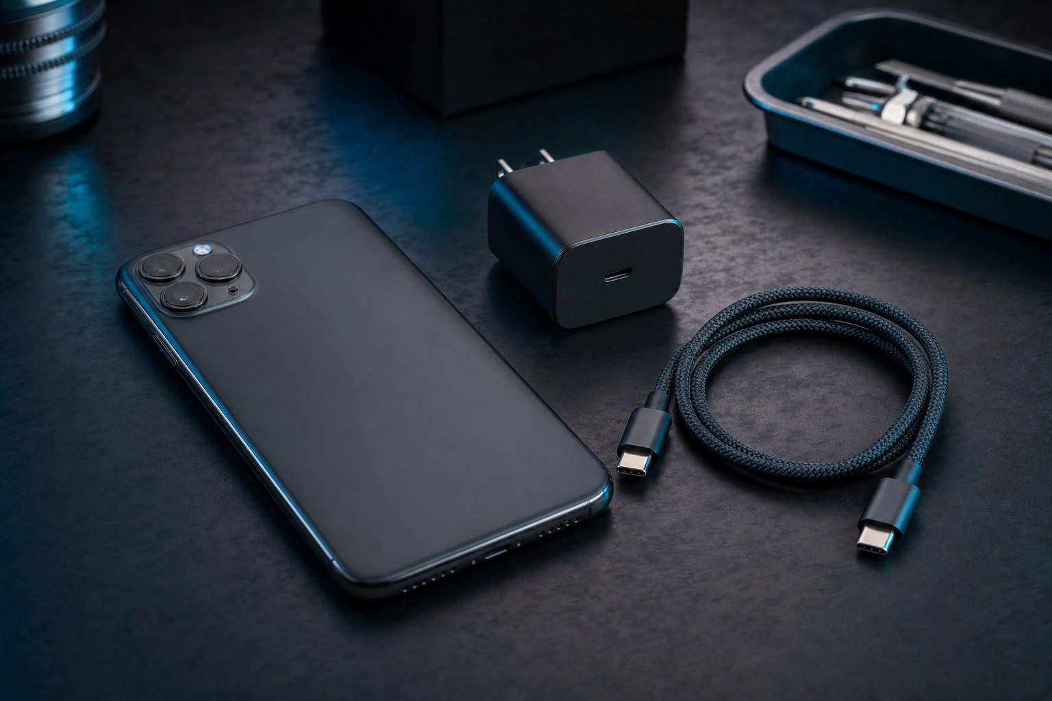 Phone, USB-C cable, and compact wall charger on a dark desk