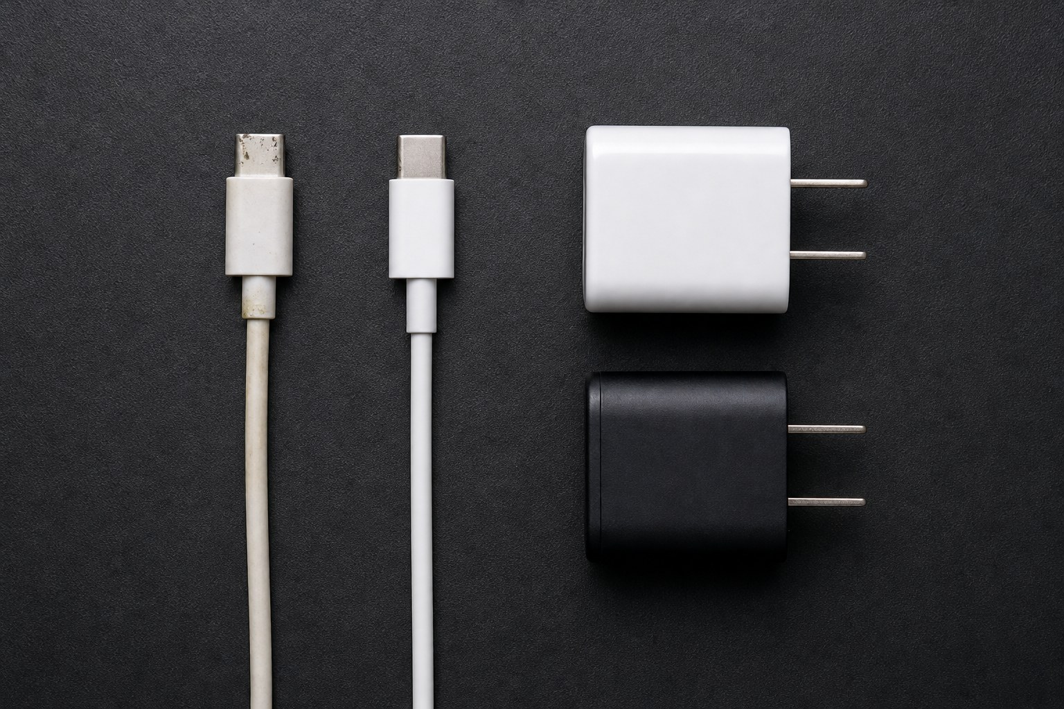 Worn and intact USB-C cable connectors beside compact chargers