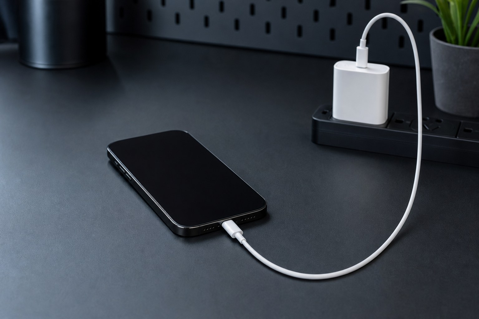 Phone charging with clear space around it on a desk