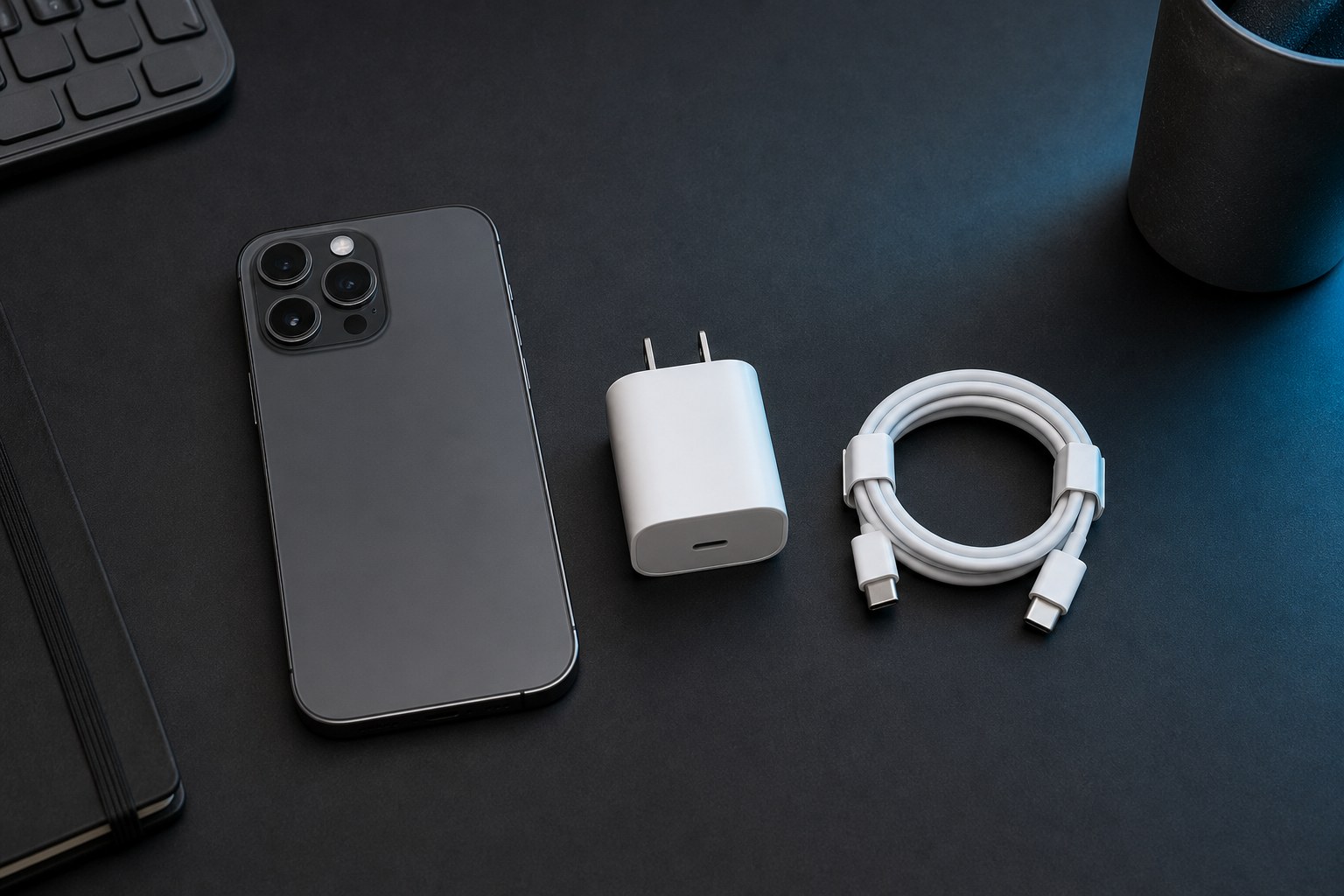 Phone, USB-C cable, and compact charger arranged on a dark desk