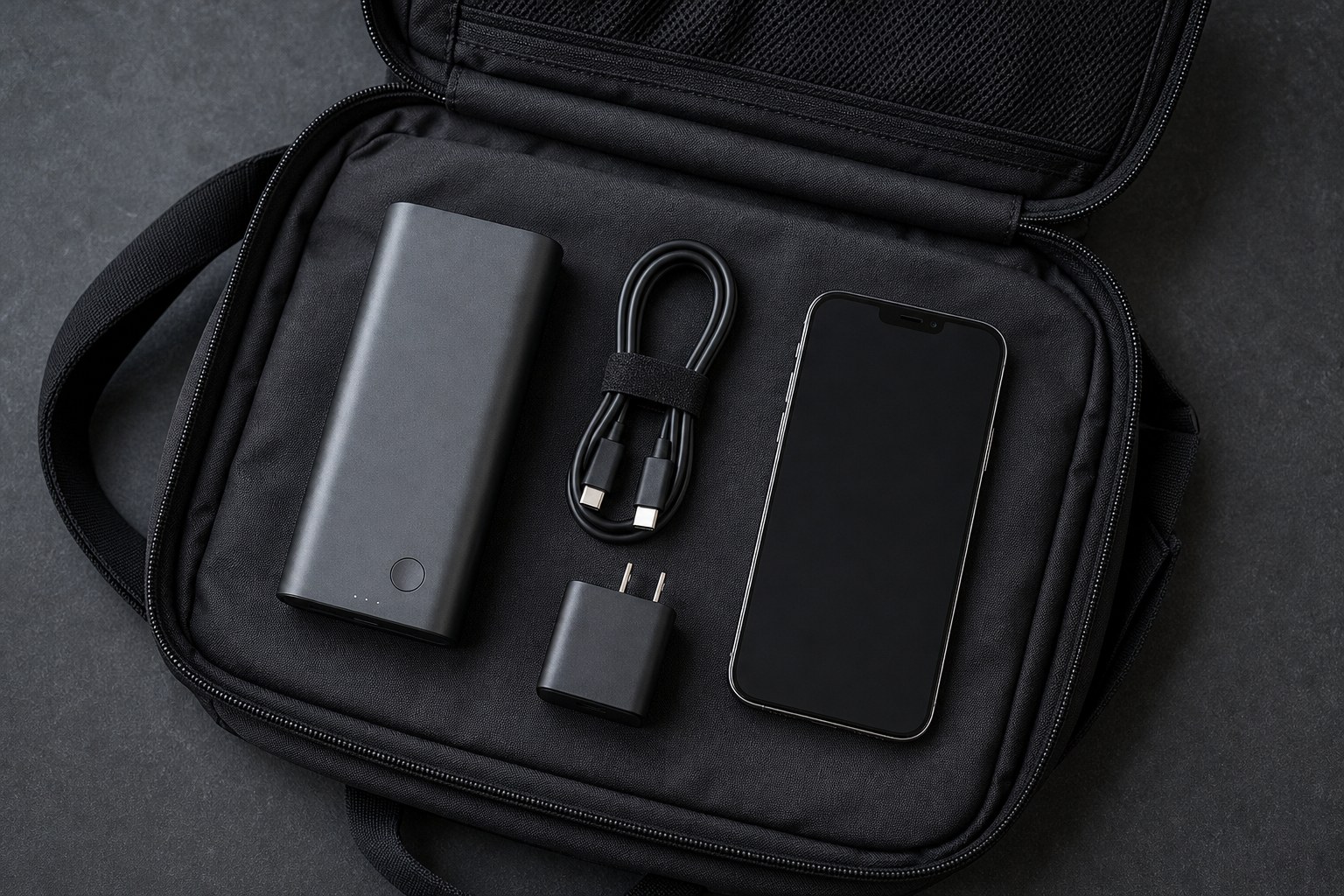 Phone, compact power bank, cable, and charger packed in a travel bag