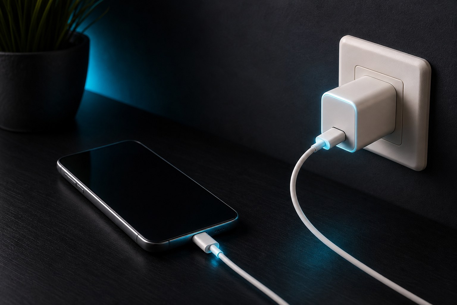 Phone connected to a compact wall charger