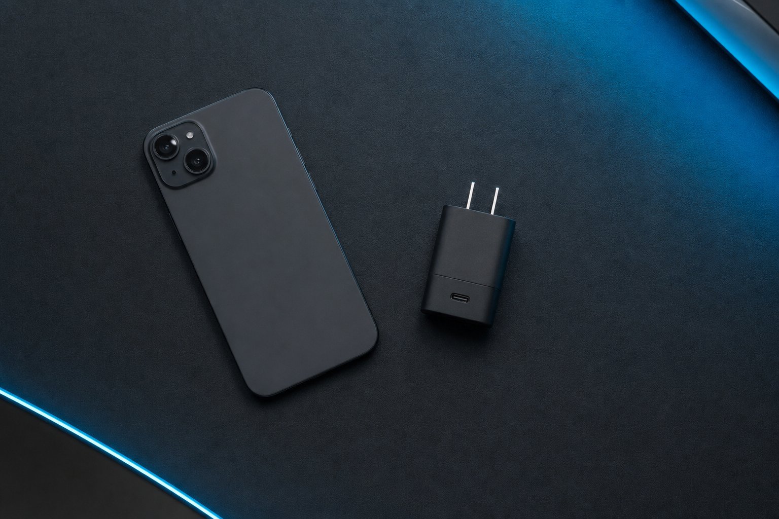 Phone and compact charger placed apart on a clear dark surface