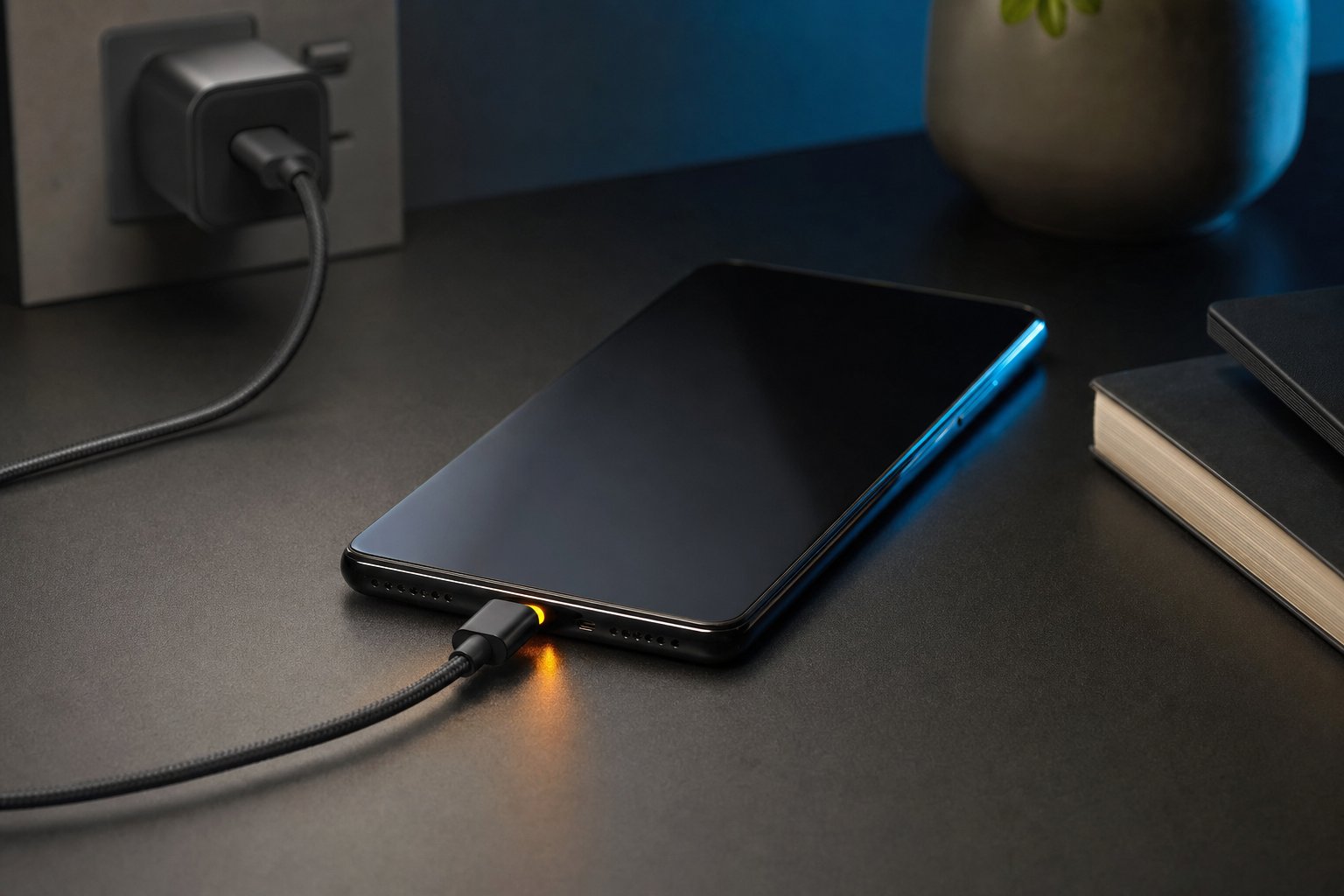 Phone connected to a USB-C charging cable on a dark desk
