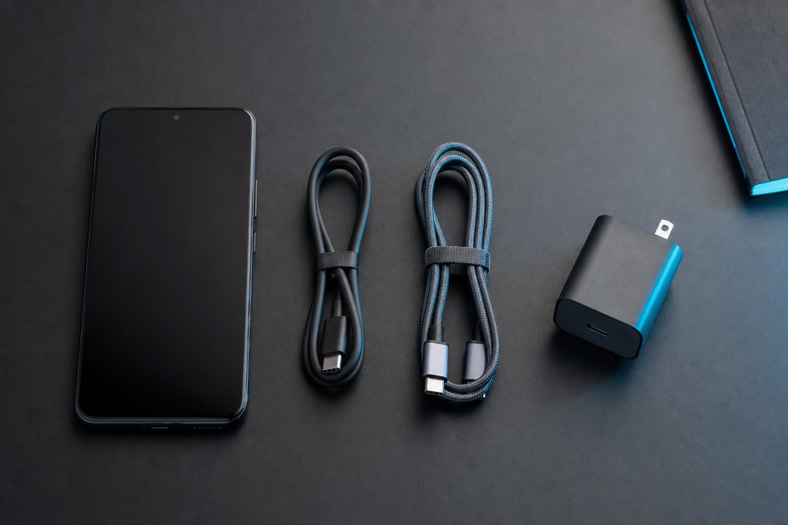 Phone, two USB-C cables, and compact charger arranged for troubleshooting