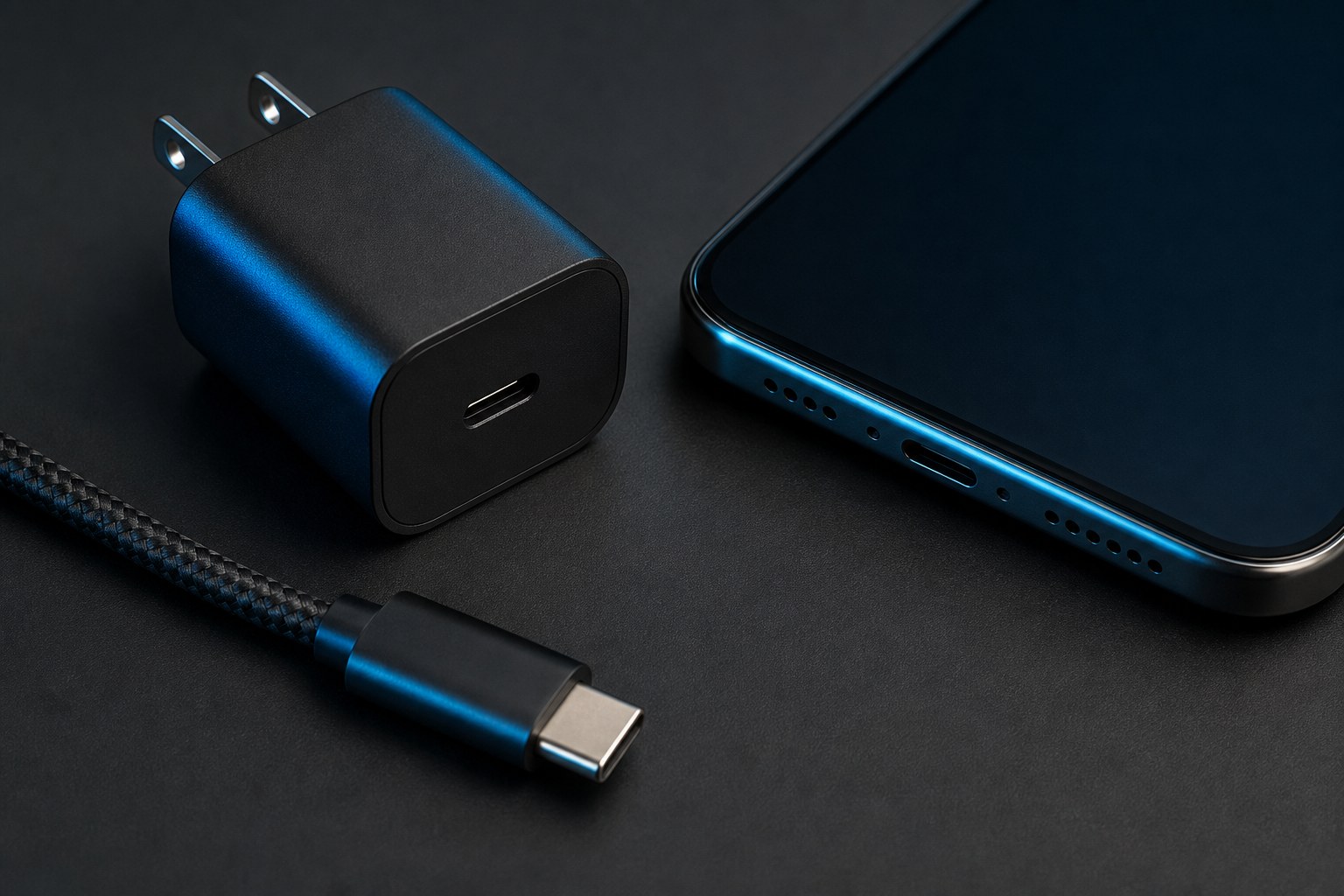 USB-C cable, phone port, and compact charger arranged for a charging check