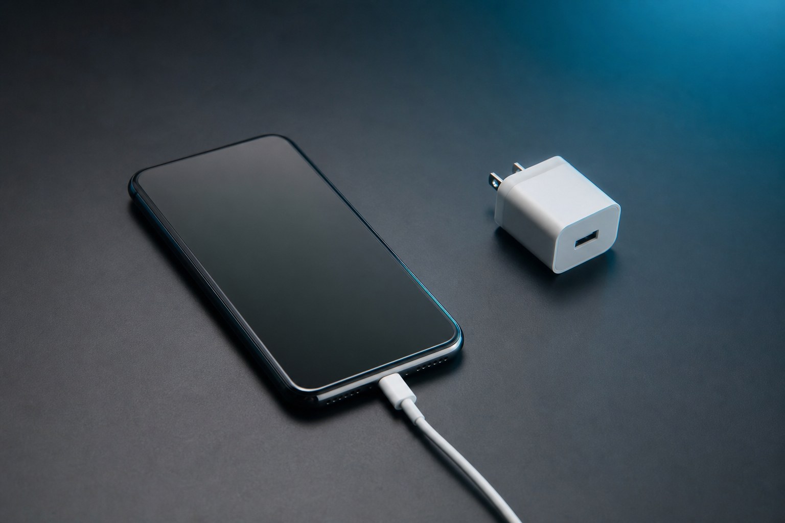 Phone charging on a clear cool desk surface