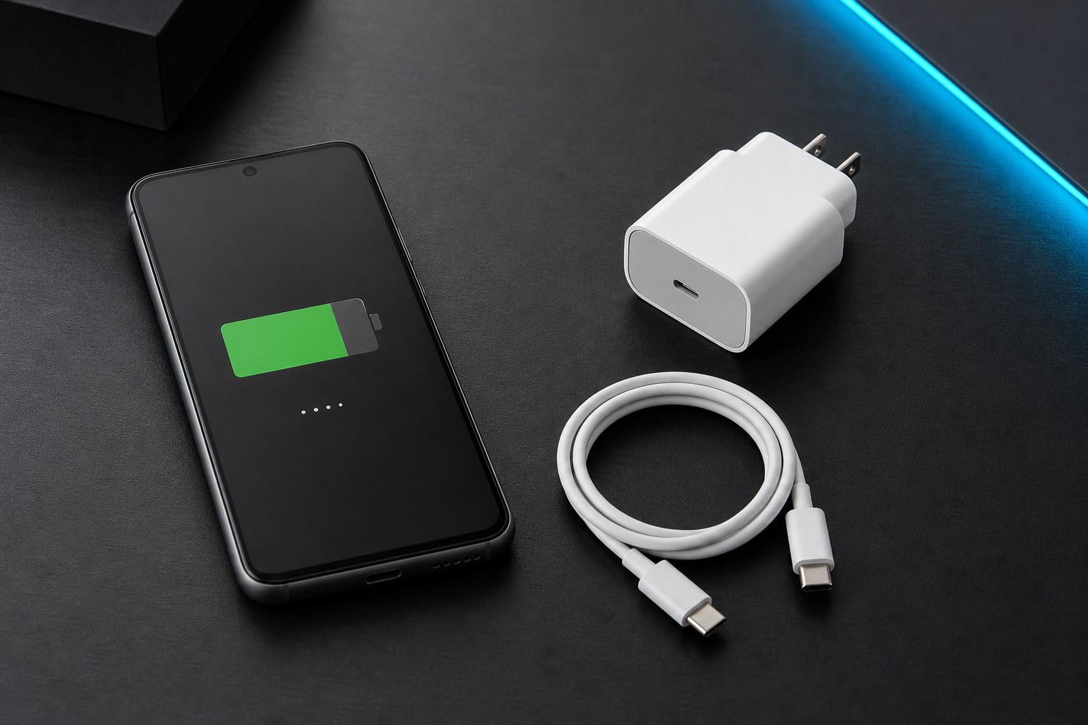 Phone, USB-C cable, and compact charger on a dark desk