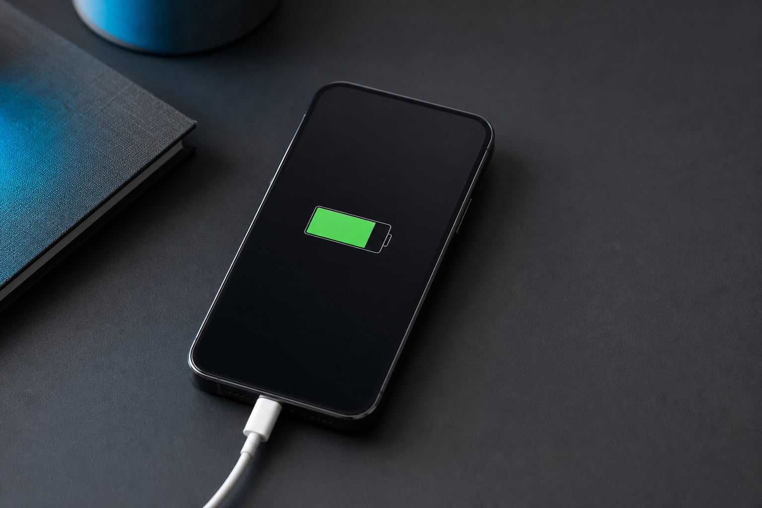 Phone charging by USB-C on a dark desk