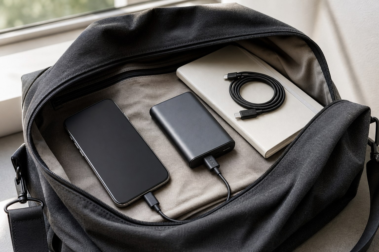 Phone and power bank packed in an everyday bag
