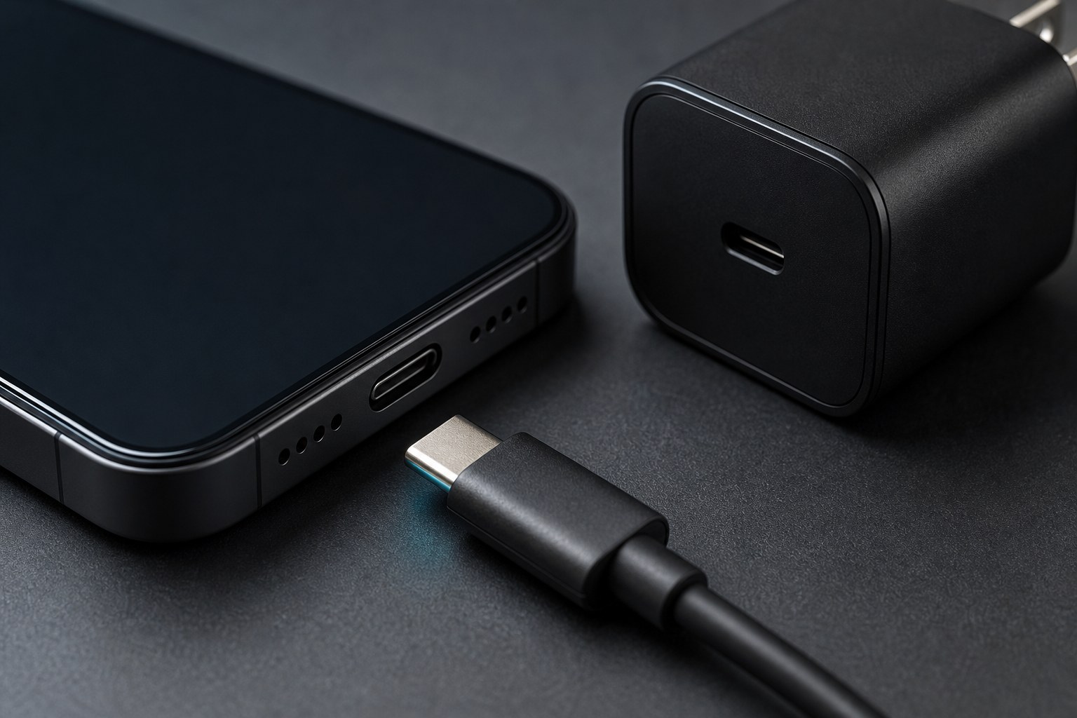 USB-C cable plug beside a phone and compact charger