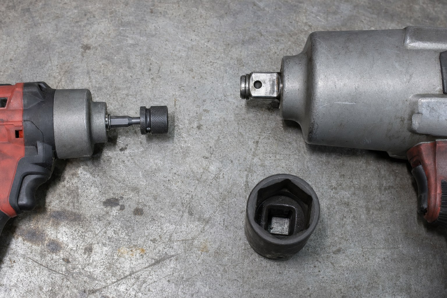 1/4-inch hex impact driver adapter beside a square-drive impact wrench and impact socket