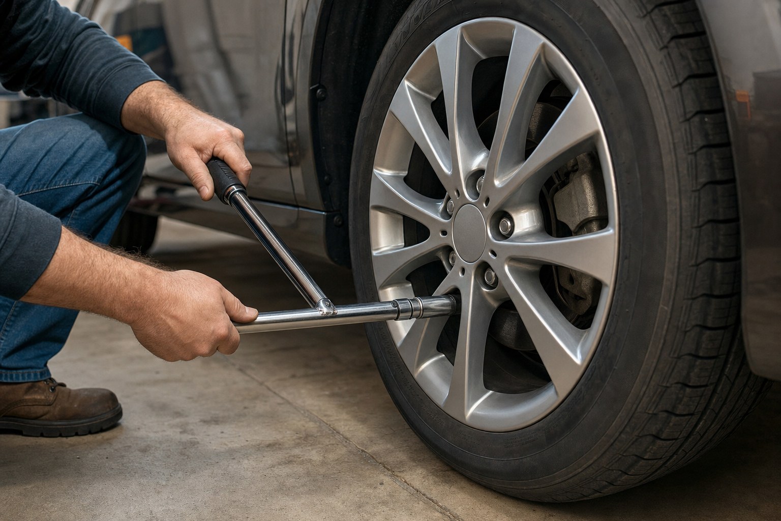 Torque wrench held squarely on a wheel lug nut during final tightening