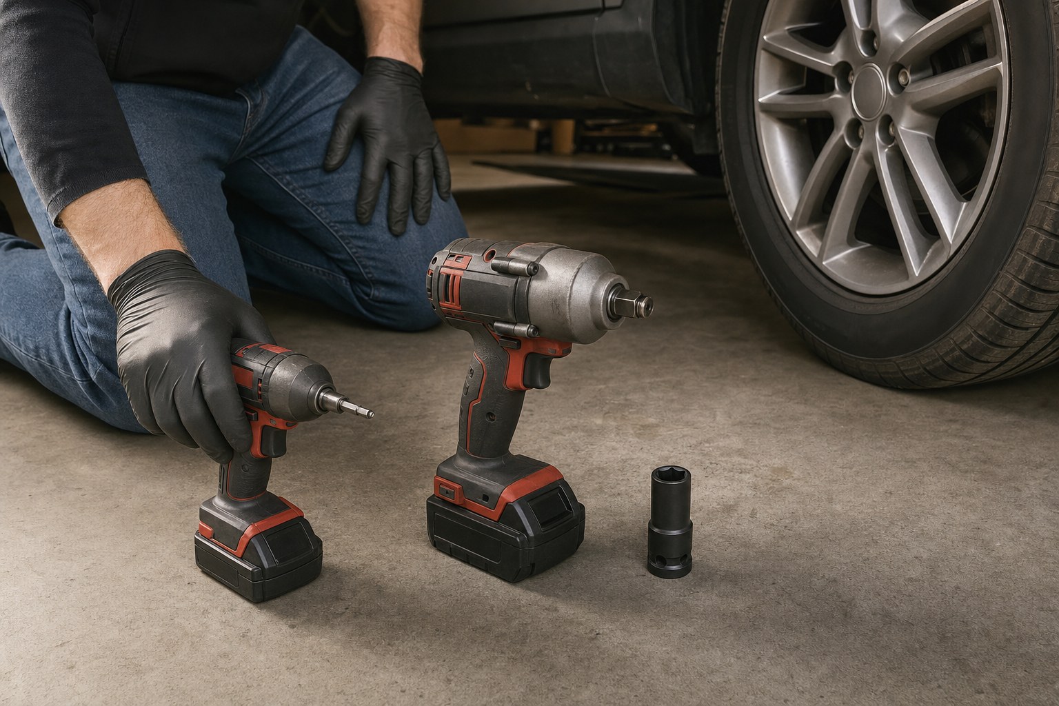 Compact impact driver and square-drive impact wrench beside a vehicle wheel