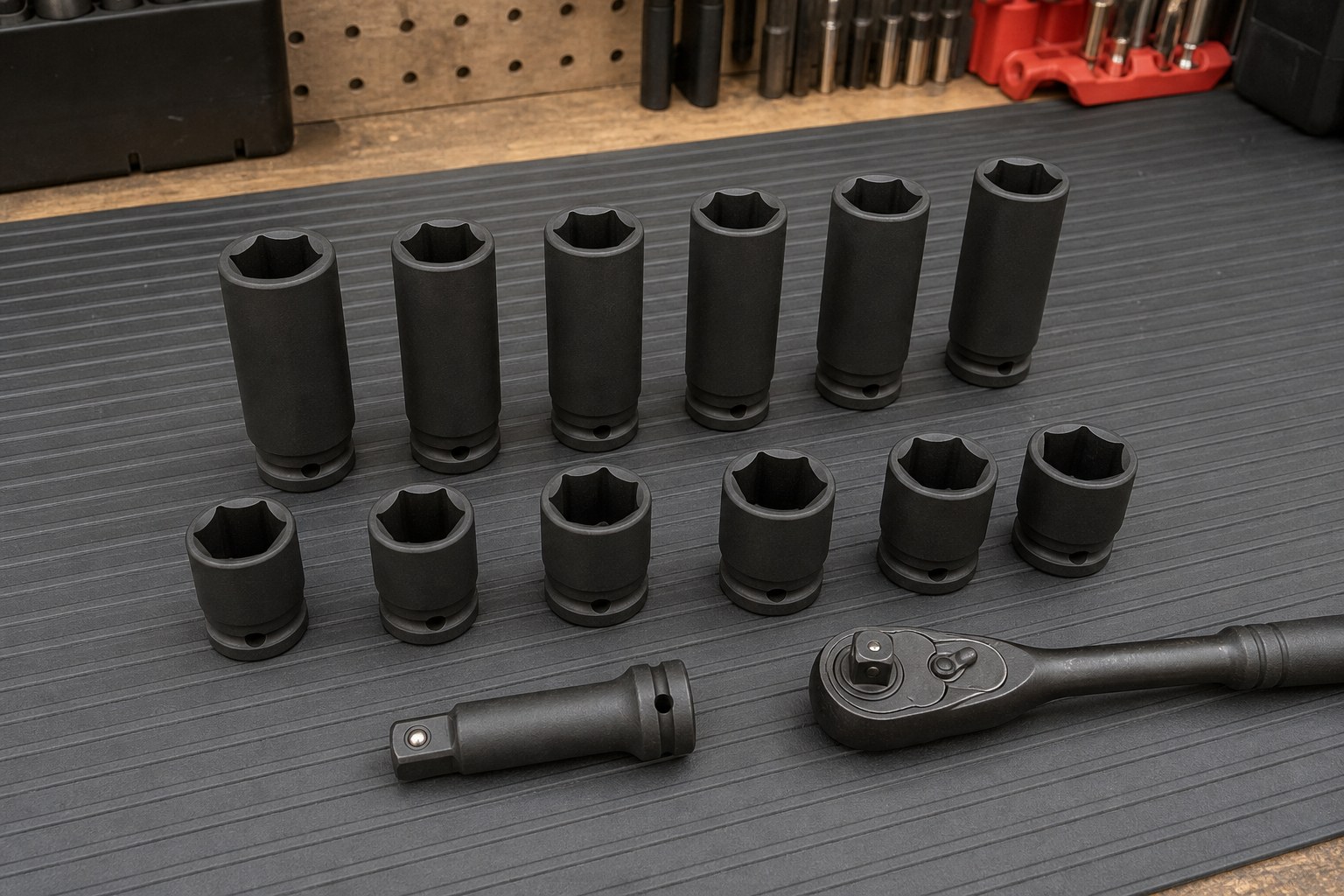 Deep and shallow six-point impact sockets arranged with a ratchet and extension