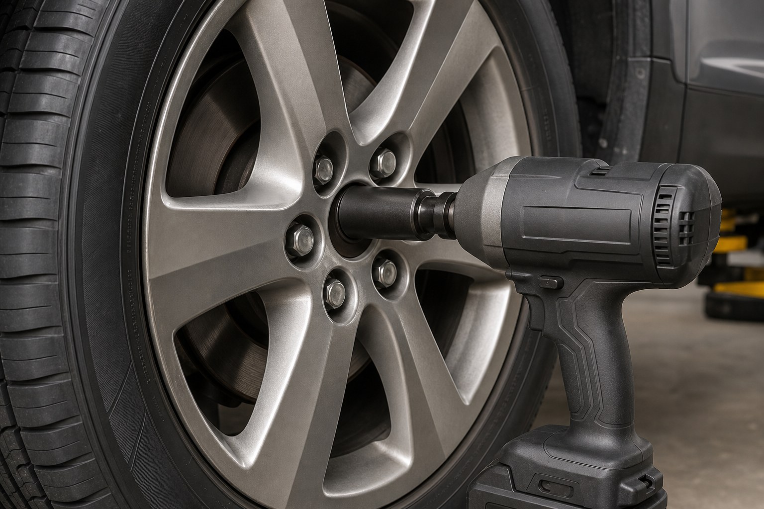 Black six-point impact socket seated squarely on a wheel lug nut