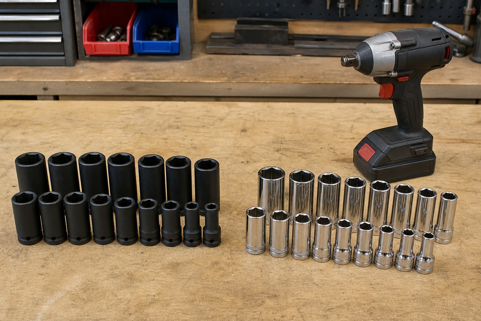 Black impact sockets beside polished chrome hand sockets on a garage workbench