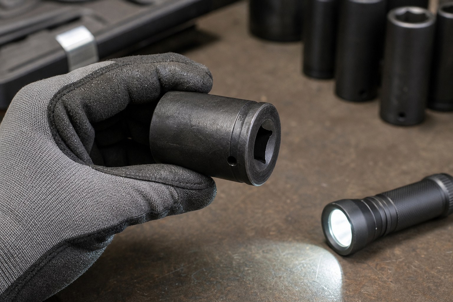 Gloved hand inspecting a black impact socket beside a work light
