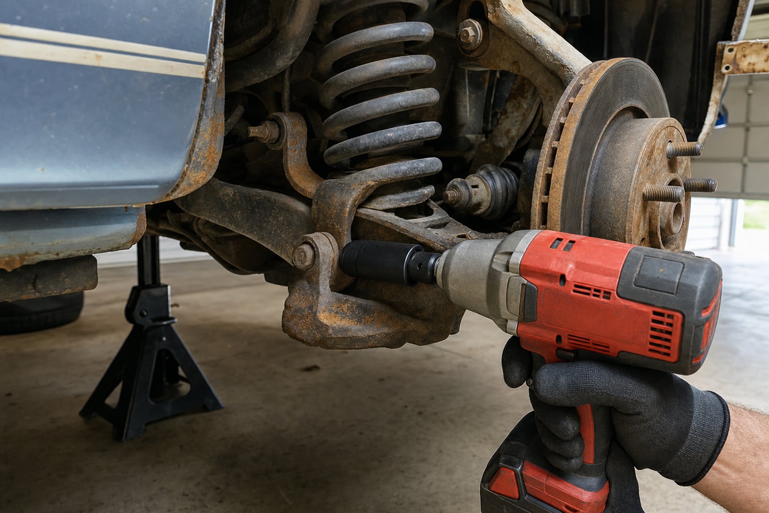 Impact wrench on a rusted suspension bolt beside a supported vehicle