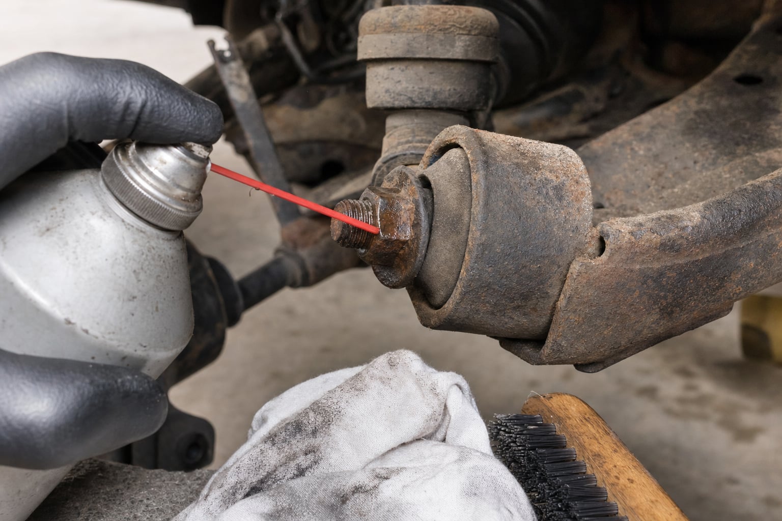 Penetrating oil applied to exposed threads on a rusted suspension fastener