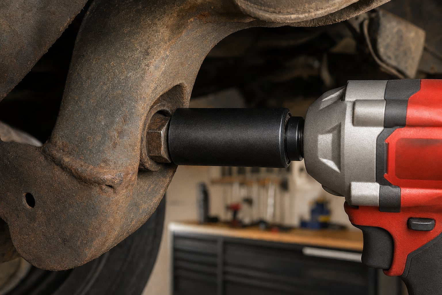 Six-point impact socket seated squarely on a rusted automotive bolt