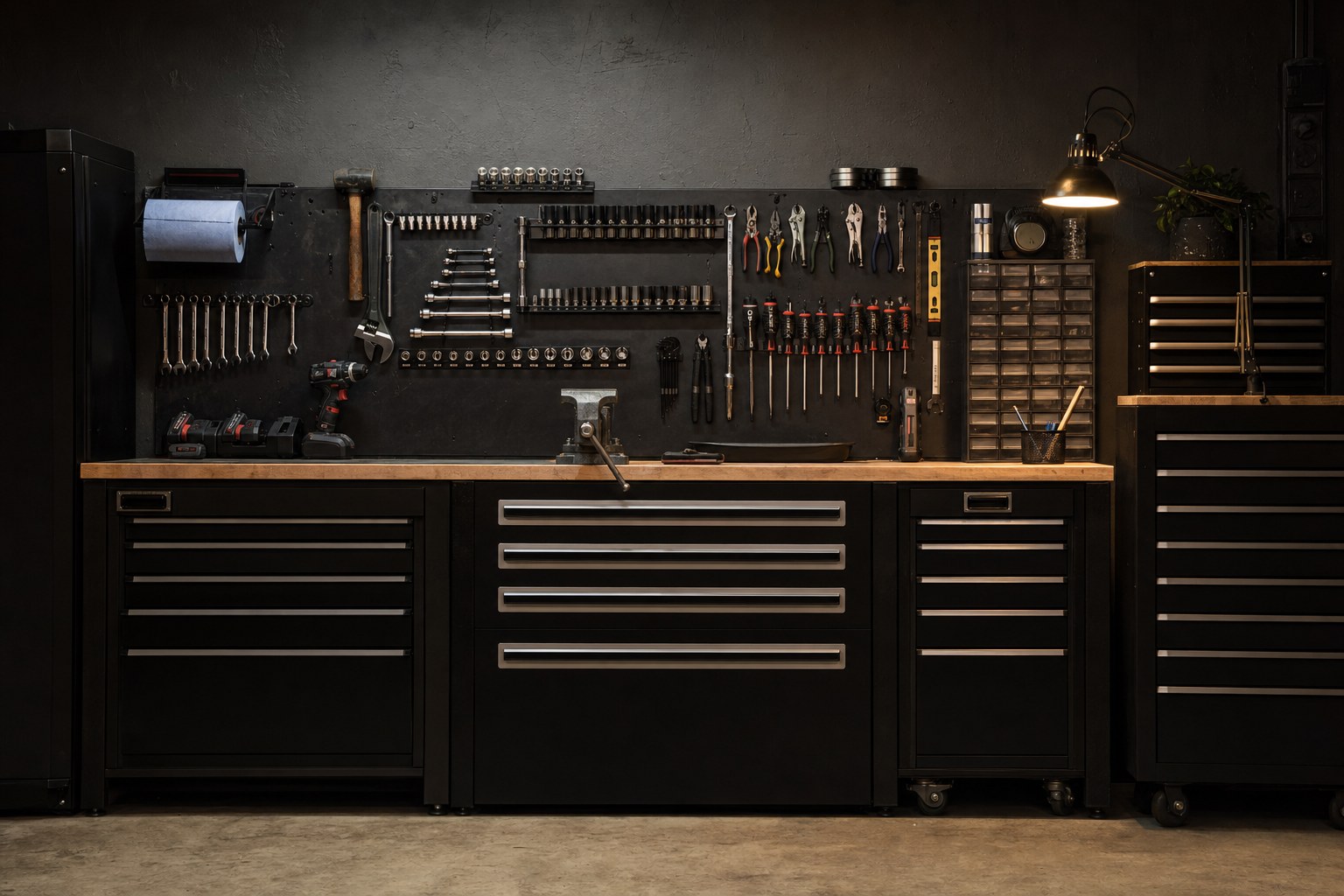 Organised professional tool chest and workshop wall