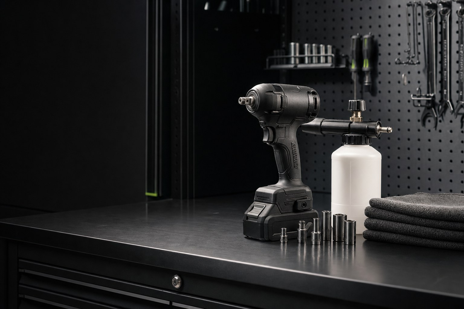 Premium impact driver, foam cannon and microfiber towels on a black garage workbench