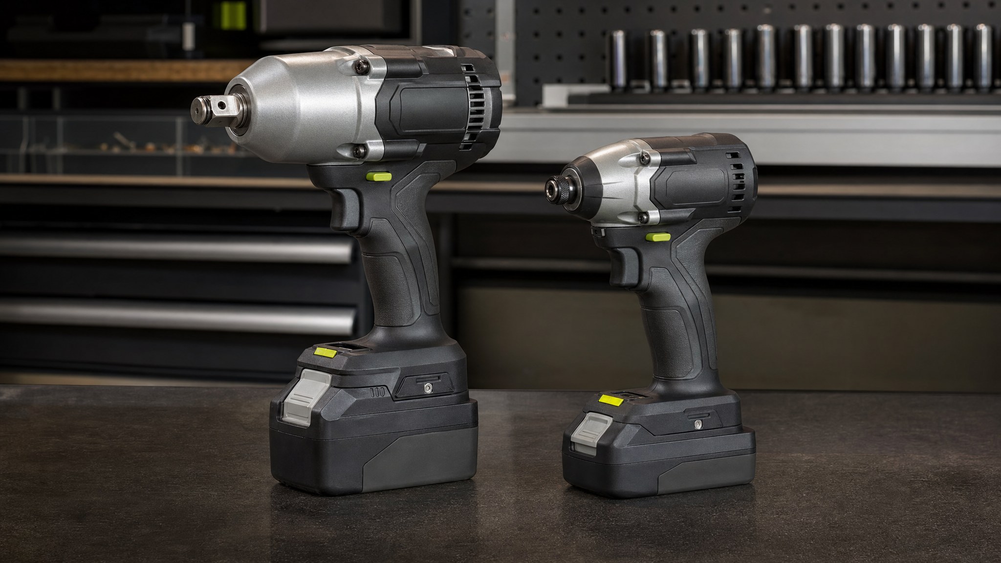 Cordless impact wrench and impact driver side by side on a garage workbench