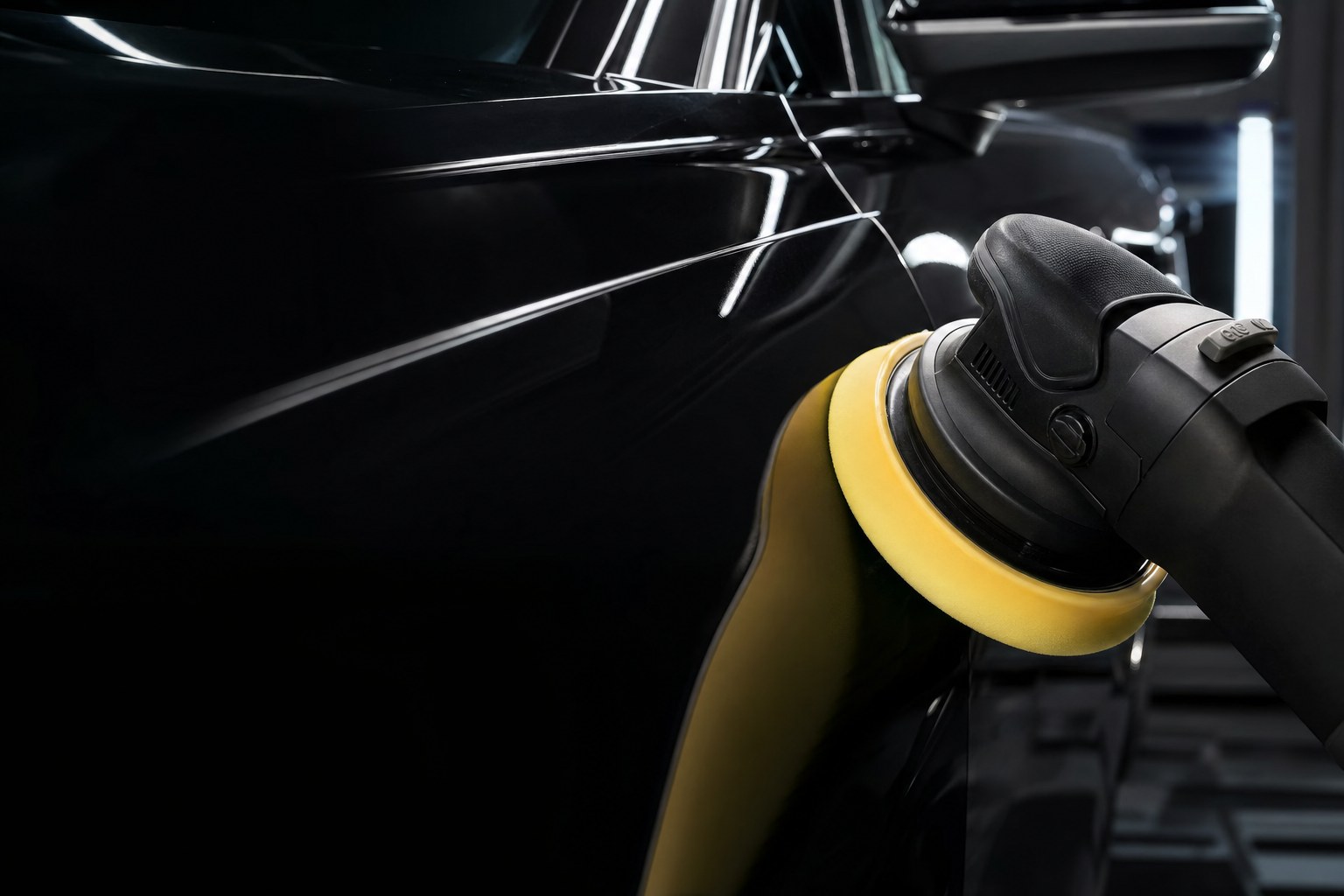 Dual-action polisher correcting a gloss-black vehicle panel