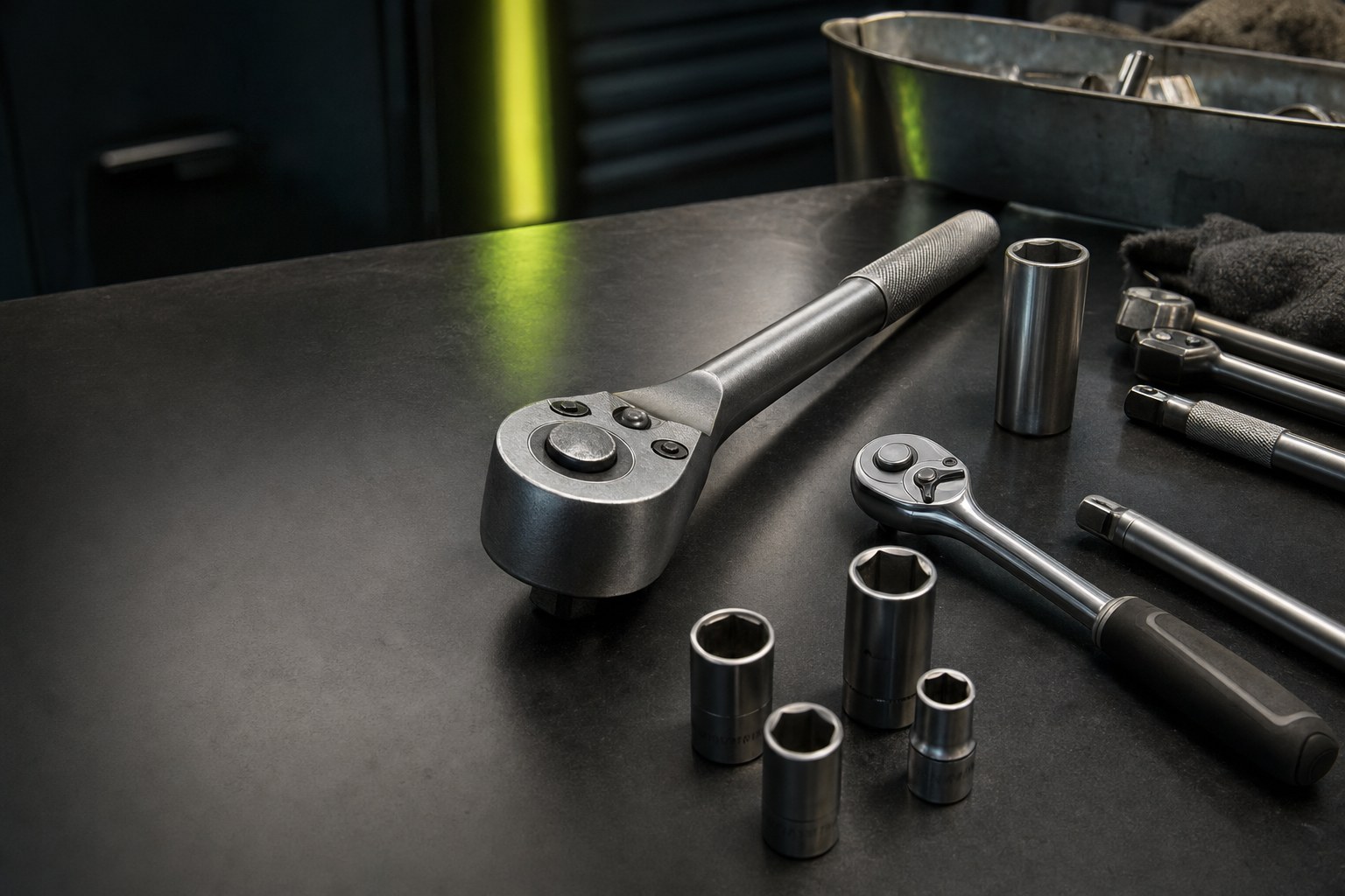 Ratchet and precision hand tools on a black steel workbench