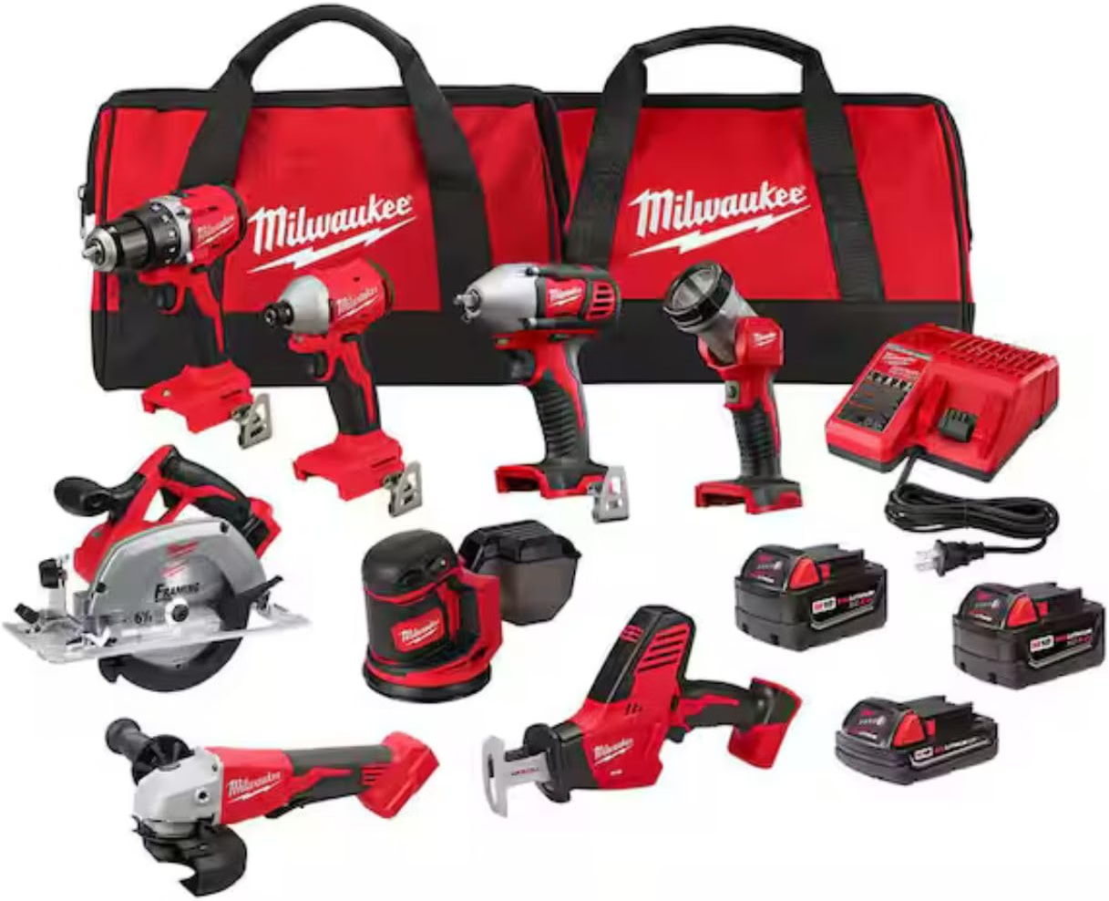 Milwaukee M18 cordless tool kit with batteries and bags
