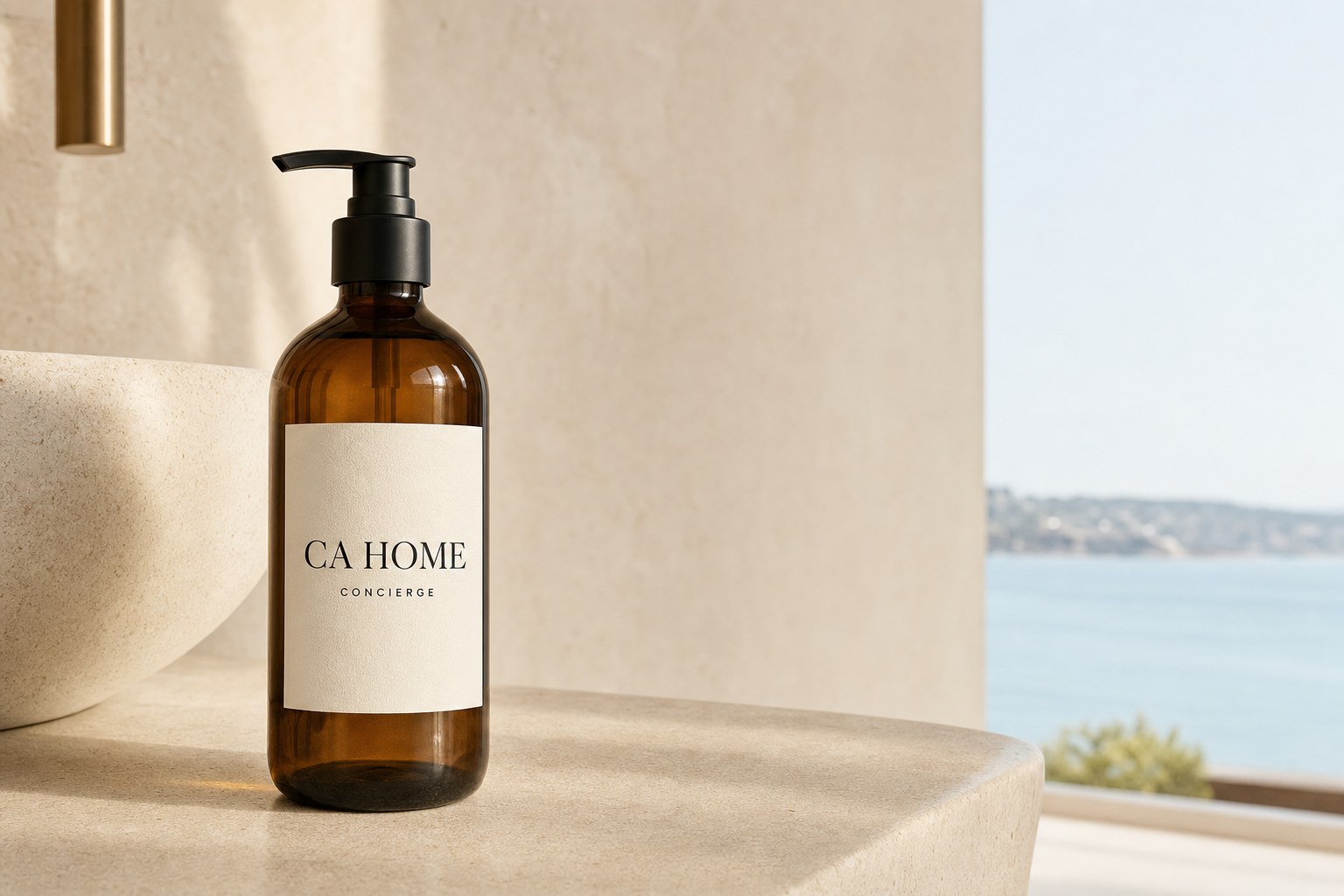 CA Home Concierge hand wash in a brown glass pump bottle with a cream label