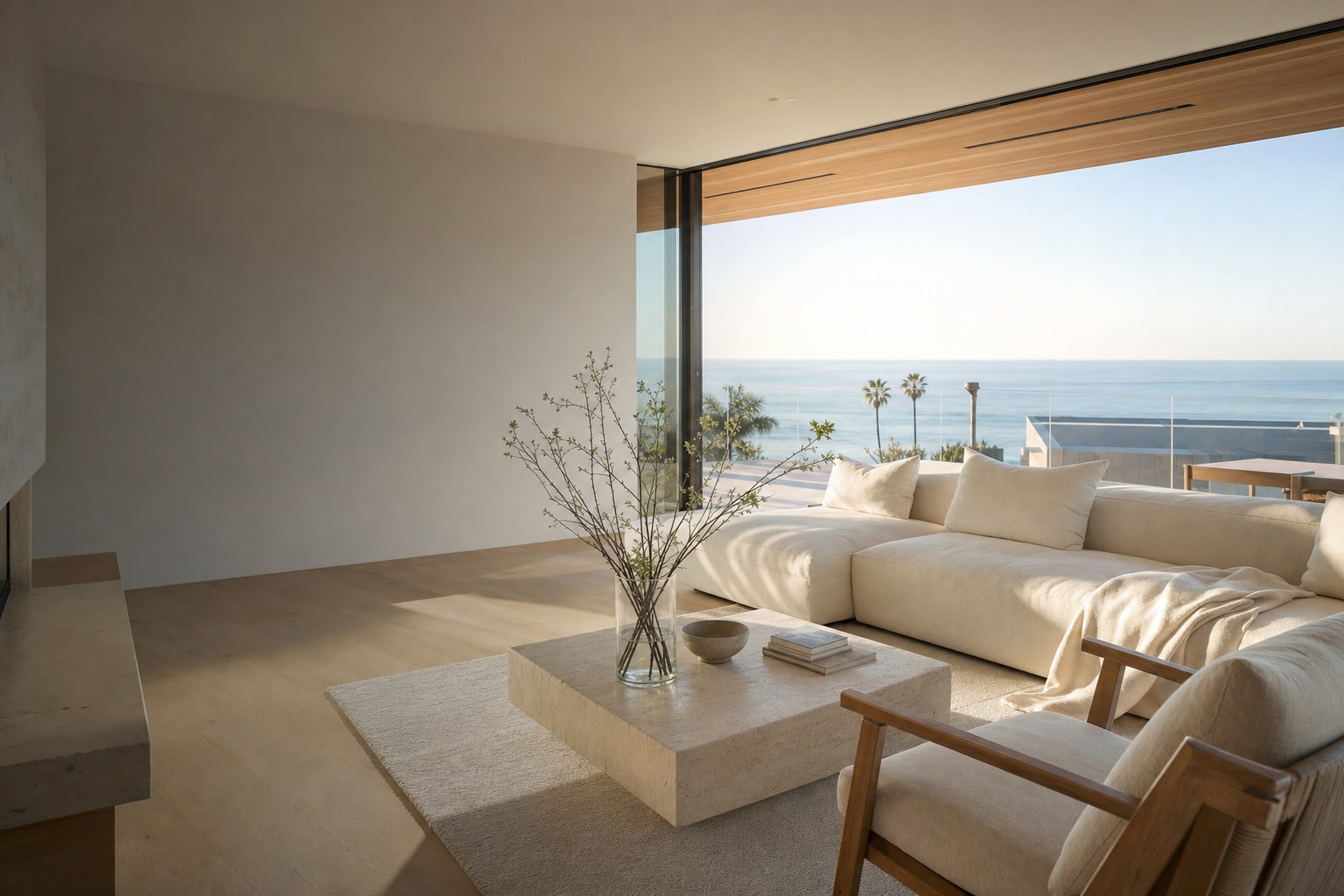Sunlit coastal living room overlooking the Pacific