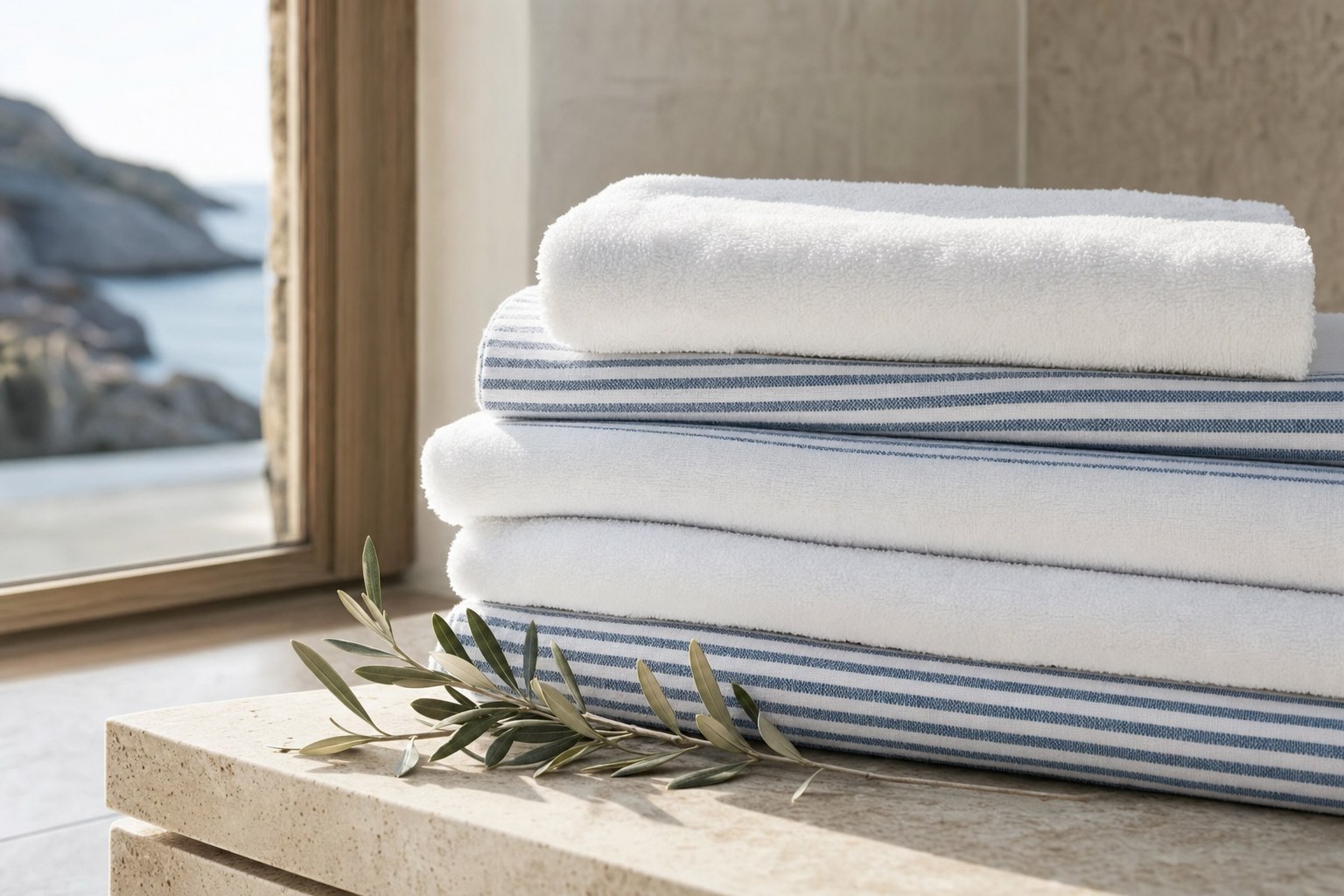 Fresh folded linen towels with an olive branch