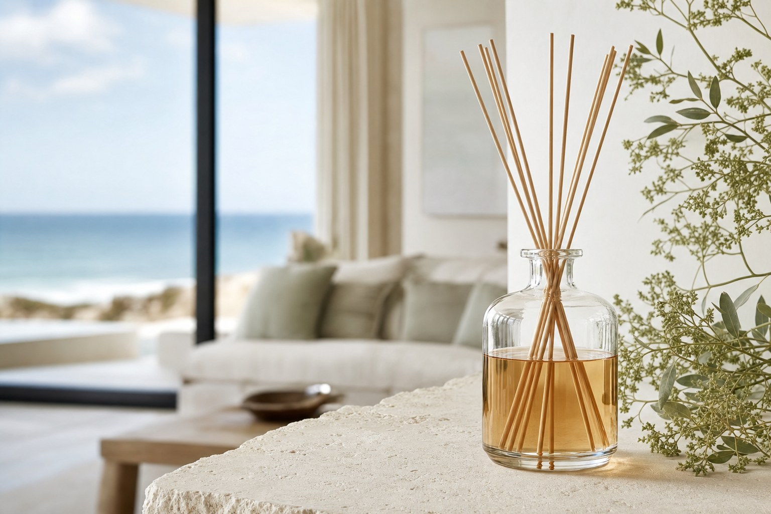 Natural reed diffuser in a sunlit coastal home