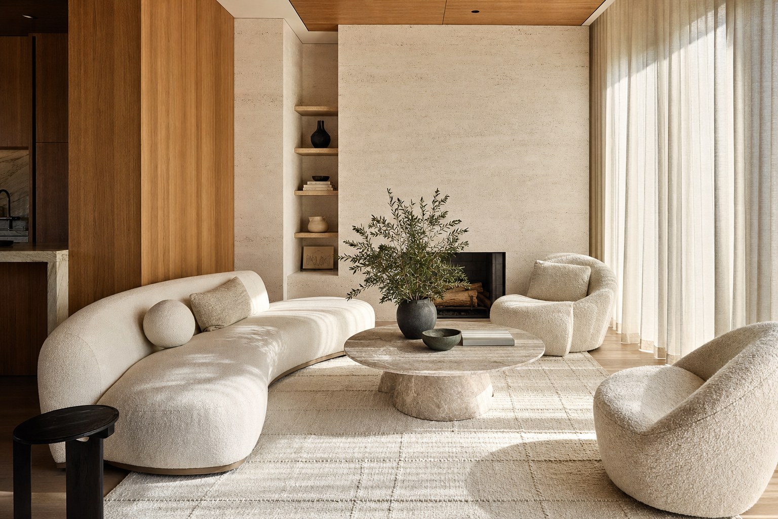 Warm sculptural coastal sitting room with natural stone and oak