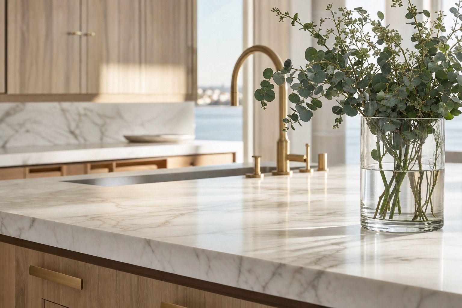 Pristine marble kitchen surface with fresh greenery
