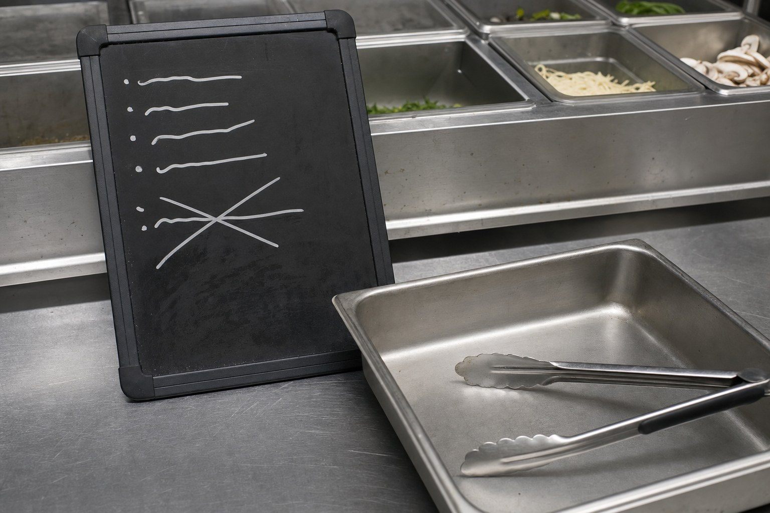 An empty restaurant prep pan beside a crossed-out menu board