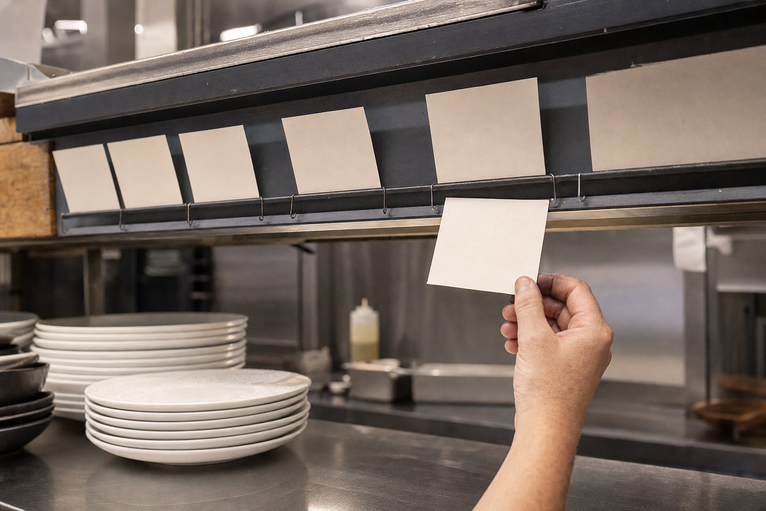 A hand removing a blank order ticket from a restaurant pass