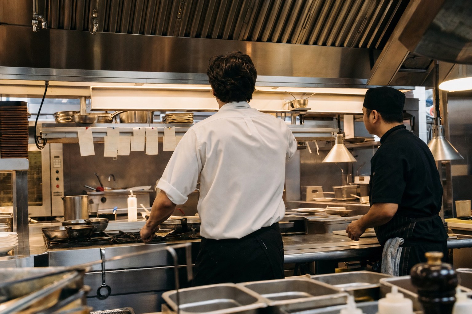 Two cooks communicating on a busy restaurant line