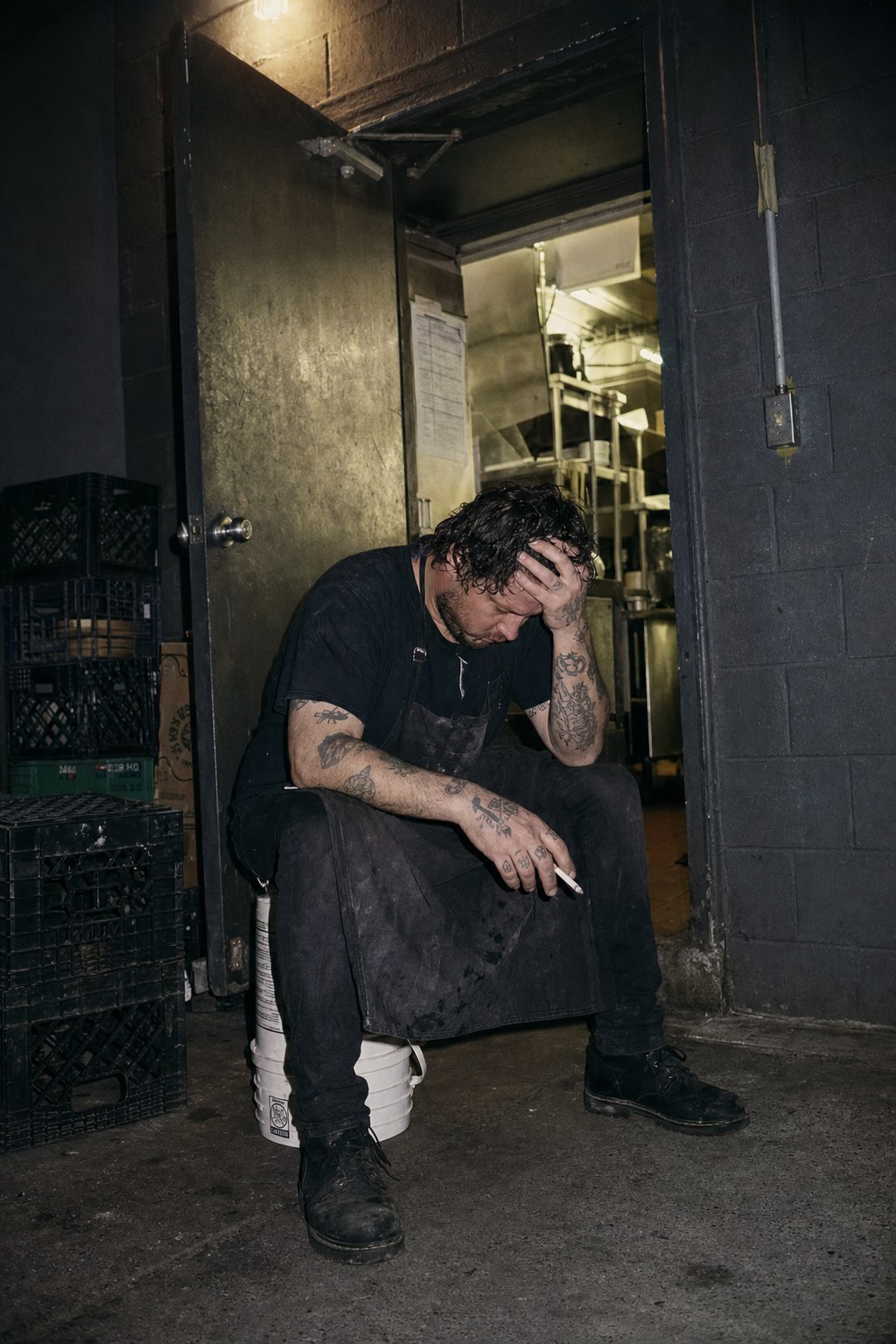 Tattooed line cook taking a smoke break outside the back kitchen door