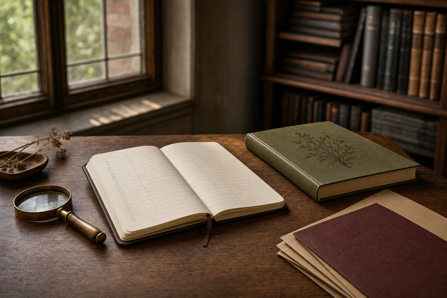 Archive study desk with a blank comparison notebook, magnifying glass, and botanical reference book