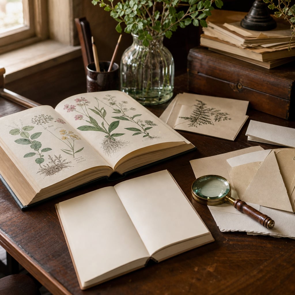 Botanical reference book, notebook, and magnifying glass on a historic library desk