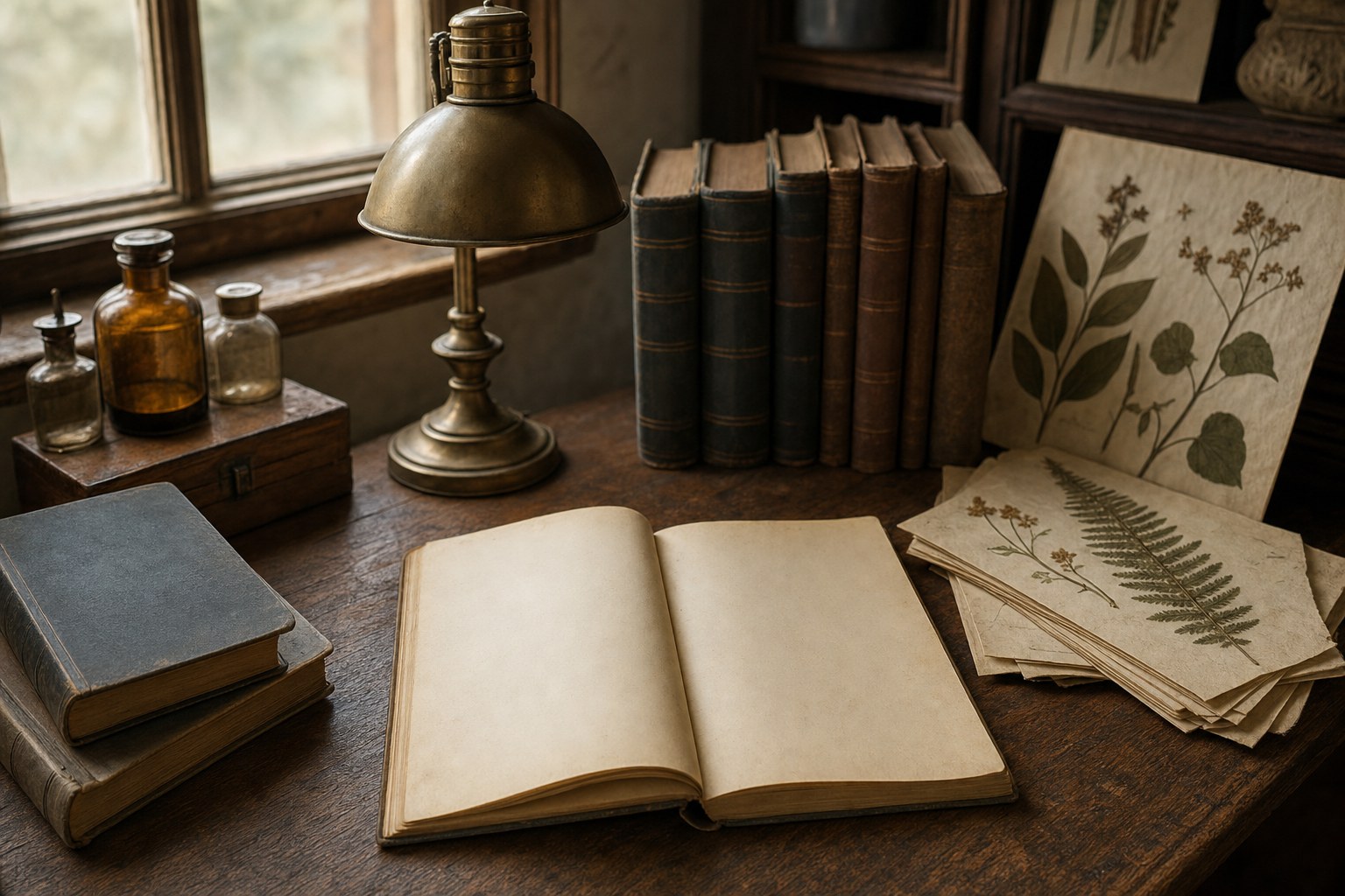 Vintage study desk with botanical specimen sheets and reference books