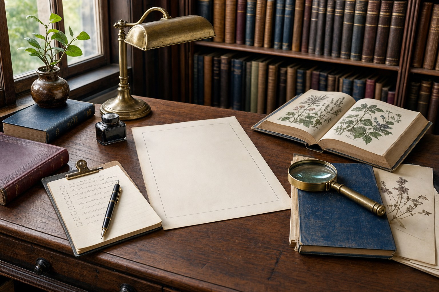 Academic study desk with a botanical book, checklist, and magnifying glass