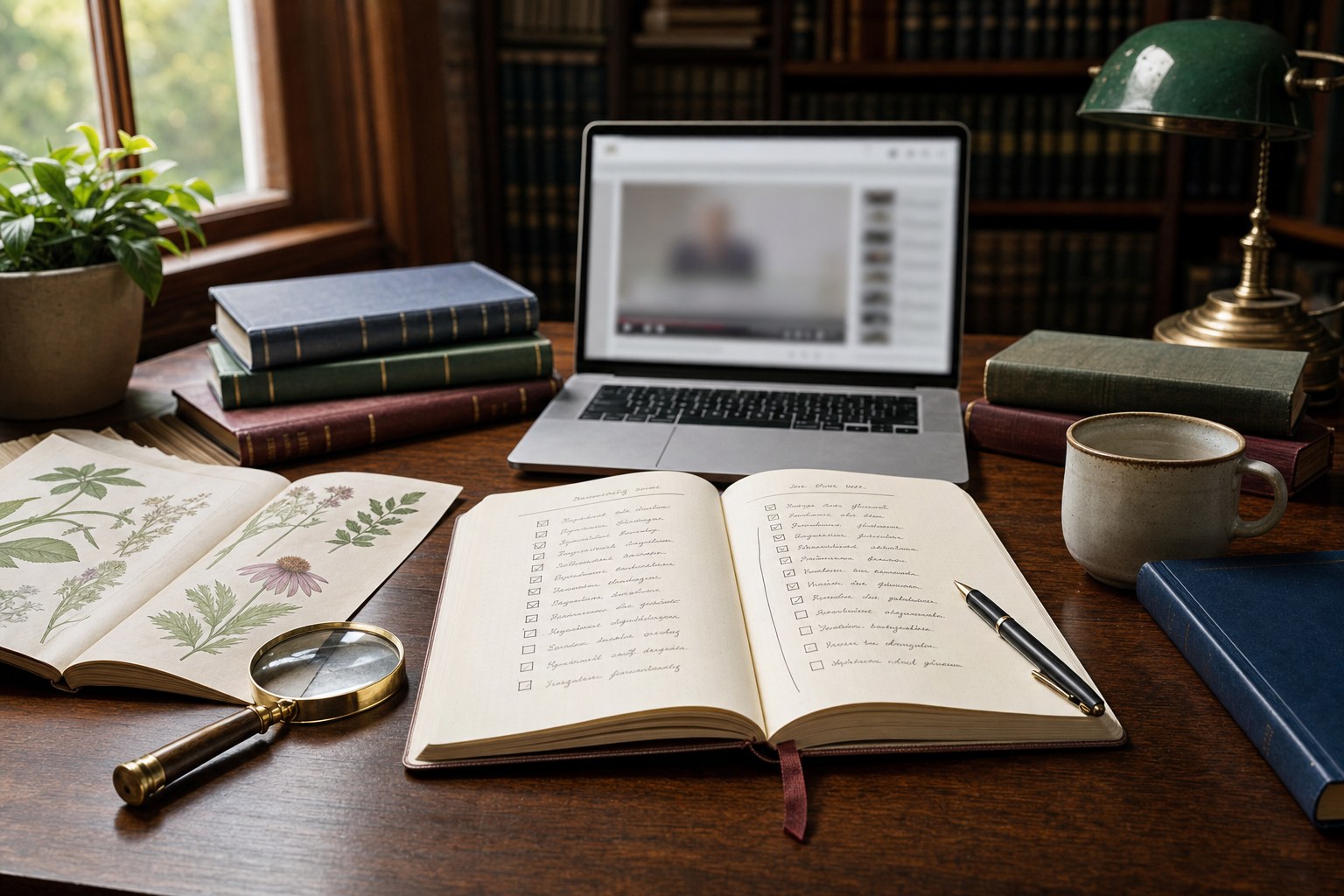 Notebook, botanical reference book, and laptop on an academic study desk