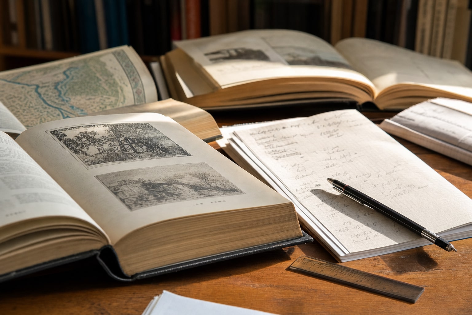 Reference books and study notes arranged for comparing academic options