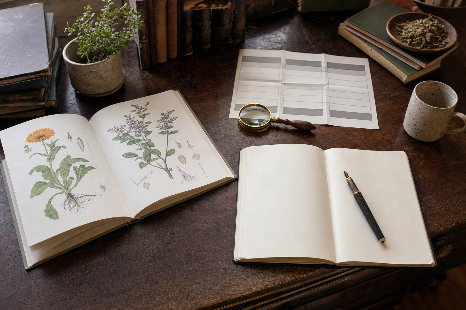 Botanical reference book, comparison worksheet, and notebook on a study desk
