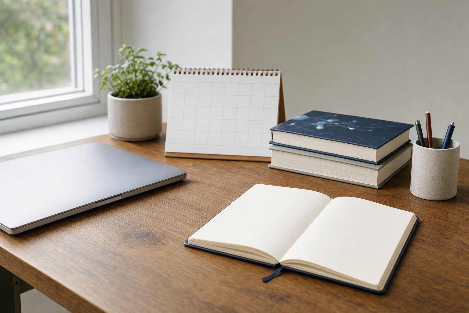 Notebook, calendar, laptop, and science books arranged for a study plan
